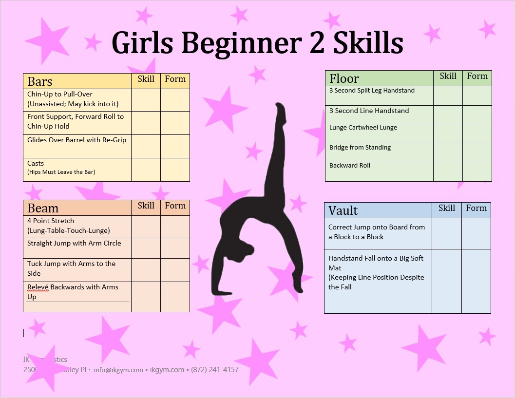Girls Beginner 2 Skill Sheet - Sandra